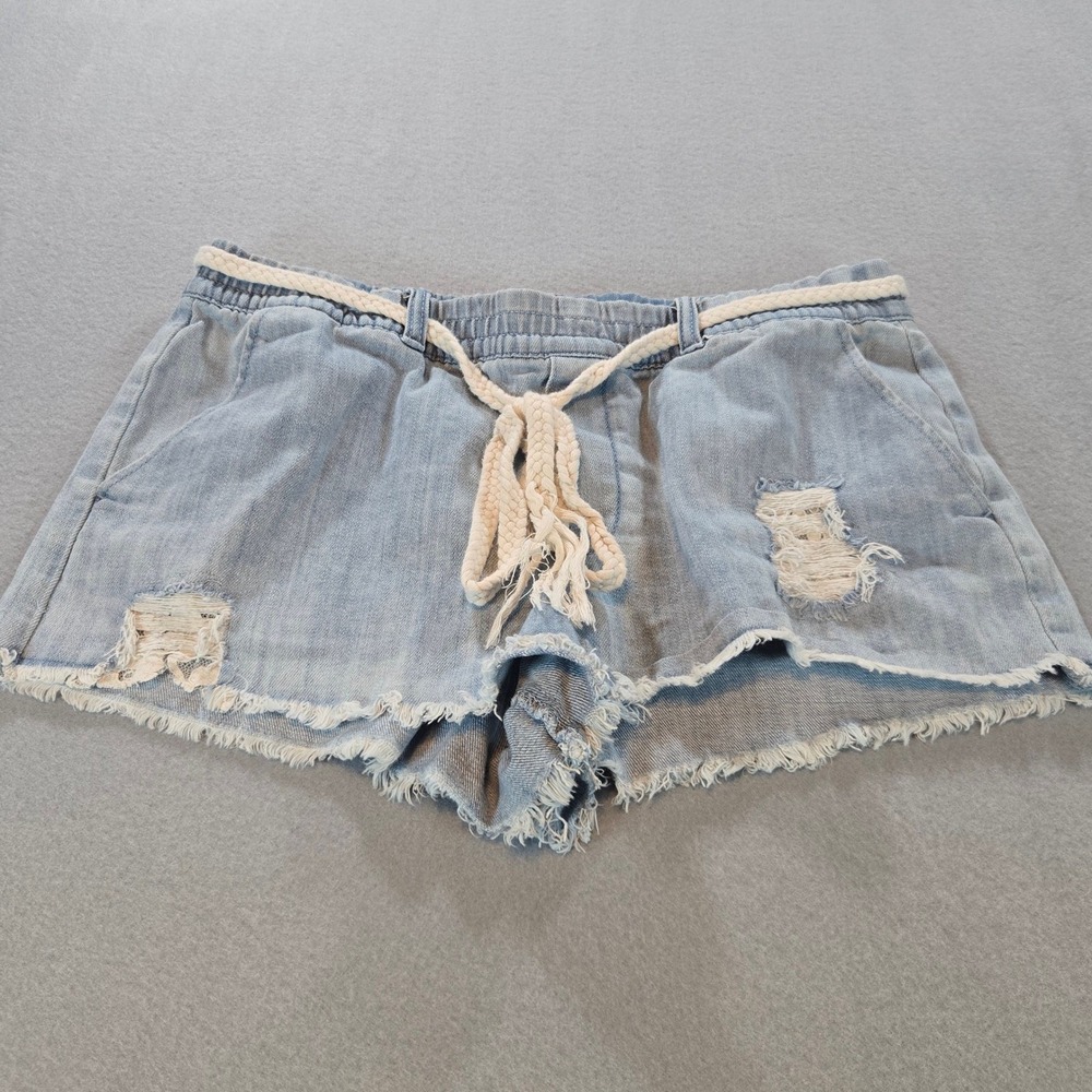 Aerie Denim Shorts Womens Medium Light Blue Distressed Lace Braided Drawstring